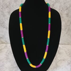 Mardi Gras Beaded Necklace Purple Green Yellow 34" Disc Beads‎ Costume Jewelry